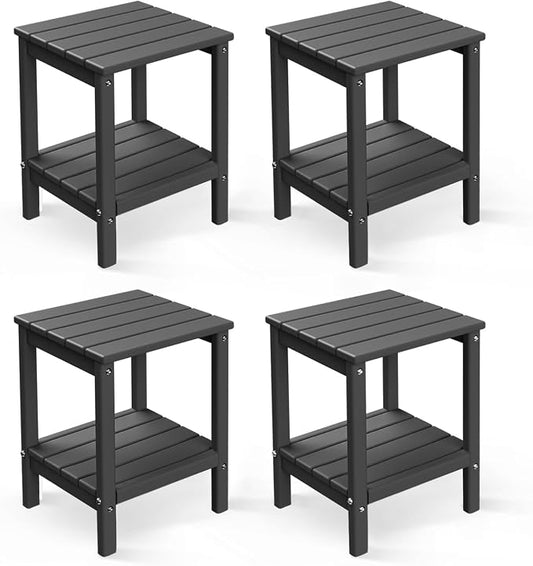 GREENVINES Adirondack-Outdoor-Side-Table | Set of 4 | 14 x 13 Inches | HDPE Plastic | All Weather | Grey | Outside End Tables | Storage Shelf | for Patio Porch Backyard Indoor