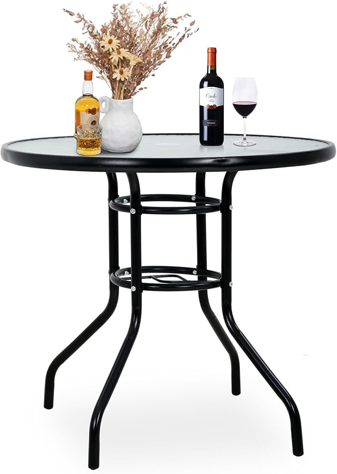 Round Outdoor Table Patio Table with with Umbrella Hole, 32 Inch Tempered Glass Outdoor Dining Tables Deck Table Bistro Table, All Weather Umbrella Table Outdoor Tables for Pool, Lawn, Balcony