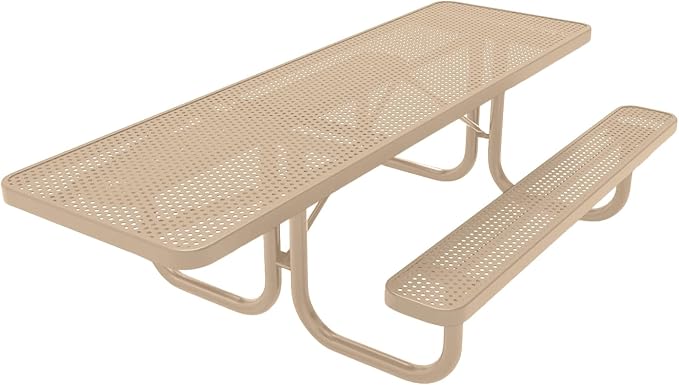 COATEDOUTDOORFURNITURE Heavy-Duty Portable ADA-Compliant Outdoor Picnic Table, Punched Steel Patio Furniture Made in America (8ft Rectangular, One-Side Handicap, Tan with Tan Frames)