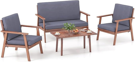Tangkula 4 Piece Outdoor Conversation Set, Acacia Wood Sofa Set with Soft Seat & Back Cushions, Rectangle Coffee Table Patio Wood Furniture Set for Backyard, Poolside, Garden (1, Gray)