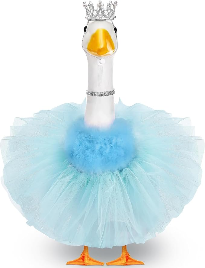 4 Pcs Princess Porch Goose Outfit for 23" 17" Cement Lawn Goose Costume Crown Necklace Tutu Skirt Feather Trim(Blue)