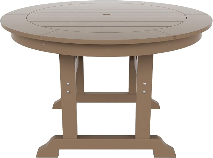 WestinTrends Malibu Patio Dining Table, All Weather Poly Lumber Adirondack 47" Trestle Round Outdoor Table with Umbrella Hole, Weathered Wood