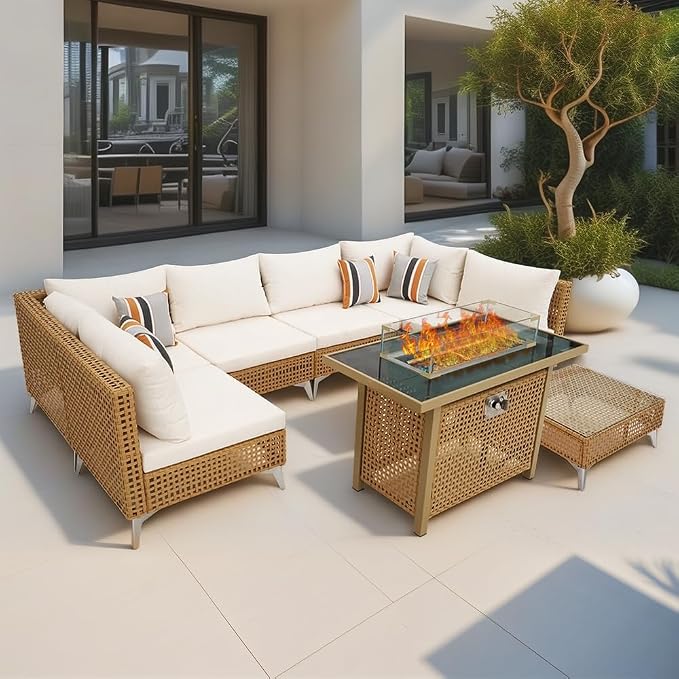VilroCaz 8-Piece Outdoor Patio Furniture Set, All-Weather Wicker Conversation Sofa Sets with Coffee Table and 43" Fire Pit Table for Outdoor Couch, Porch, Backyard