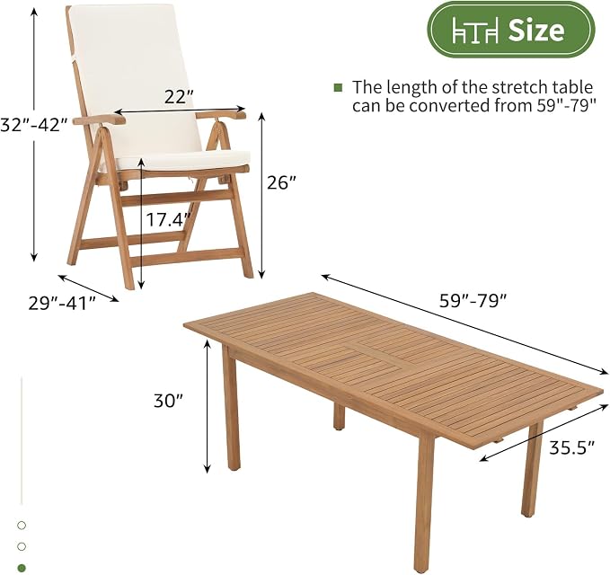 OC Orange-Casual 7 Piece Patio Dining Set, Outdoor Acacia Wood Furniture Set w/Extendable Rectangular Table and 6 Foldable Reclining Chair, Solid Wood, for Deck Garden Backyard, Beige