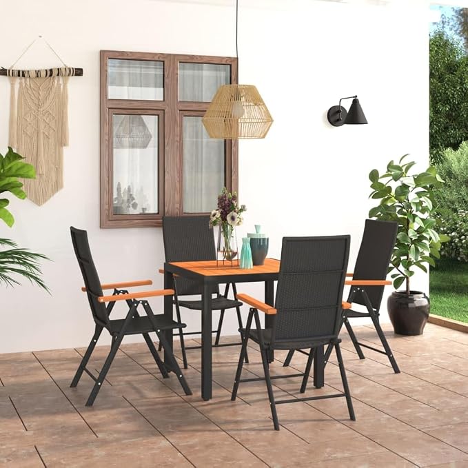 5-Piece Black and Brown PE Rattan Garden Dining Set with Square Table and Four Chairs, Powder-Coated Aluminum Frame for Outdoor Patio