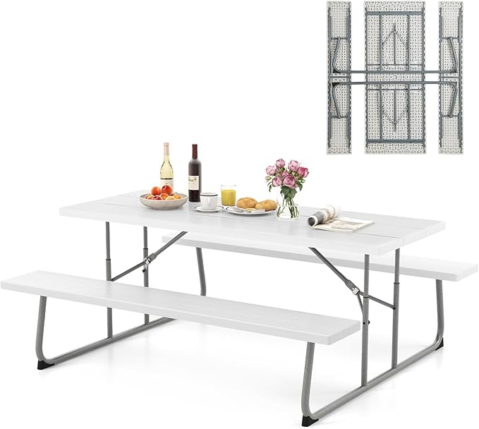 Giantex Folding Picnic Table - 6 FT Outdoor Table Bench Set for 8 Persons w/All-Weather HDPE Tabletop, Metal Leg, Umbrella Hole, Large Outside Dining Table for Patio Garden Yard Poolside (White)