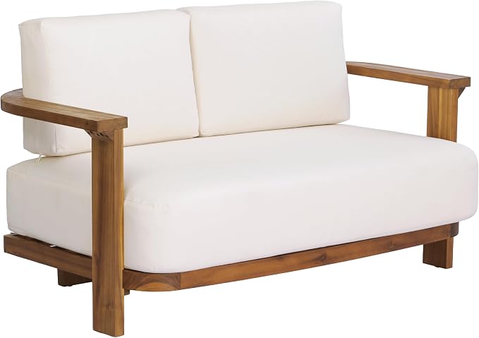 Christopher Knight Home Stella Acacia Wood 4 Piece Patio Furniture Set, Wooden Patio Conversation Set with Club Chair+Coffee Table, 4-Seater Outdoor Loveseat Sofa + Armchair and Table Set, Teak+Beige