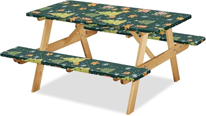 Christmas Picnic Table Cover with Bench Covers Autumn Outdoor Camping Tablecloth Water and Oil Repellent Elastic Waterproof Picnic Table Cover 3 Piece Set for 6 Foot Tables