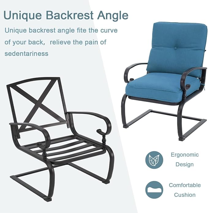 8 Pcs (6 Seats) Metal Outdoor Patio Furniture Conversation Sets, 4 Spring Chair, Loveseat and 3 Coffee Table, with Cushions (Peacock Blue)