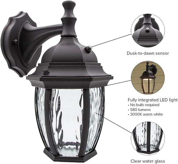 Maxxima LED Black Outdoor Wall Light, 580 Lumens 3000K, Dusk to Dawn Sensor | Clear Water Glass, Warm White, Photocell Sensor, Exterior Patio or Porch Sconce Fixture