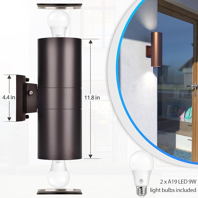 Exterior Lighting Fixtures, Dusk to Dawn Outdoor Wall Sconce | Bronze Cylinder Up Down Lighting for House Garage Front Porch, Aluminum Anti-Rust 12in with E26 Base,Warm White, ETL Listed