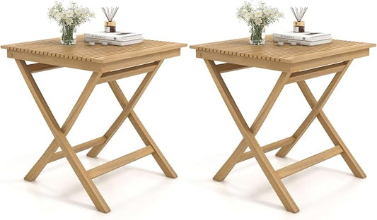 Tangkula 27.5 Inch Teak Wood Patio Dining Table, Square Outdoor Bistro Table with Slatted Tabletop, Sturdy Wood Frame & Thickened Top, Teak Outside Dining Table for Balcony, Deck, Backyard, 2 Pack