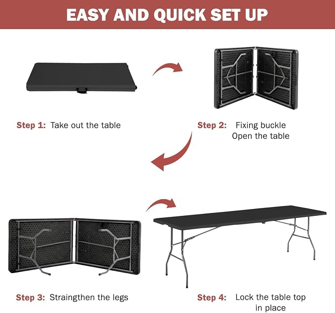 8FT Folding Table, Heavy Duty Foldable Dining Table, Portable Plastic Picnic Table with Handle, Indoor Outdoor Camping Table, Fold-in-Half Rectangular Banquet Party Table – Black