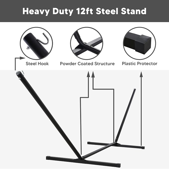 SUNCREAT Hammocks for Outside with Stand, Extra Large Double Hammocks 2 Person Heavy Duty, 450 lbs Capacity, Dark Gray