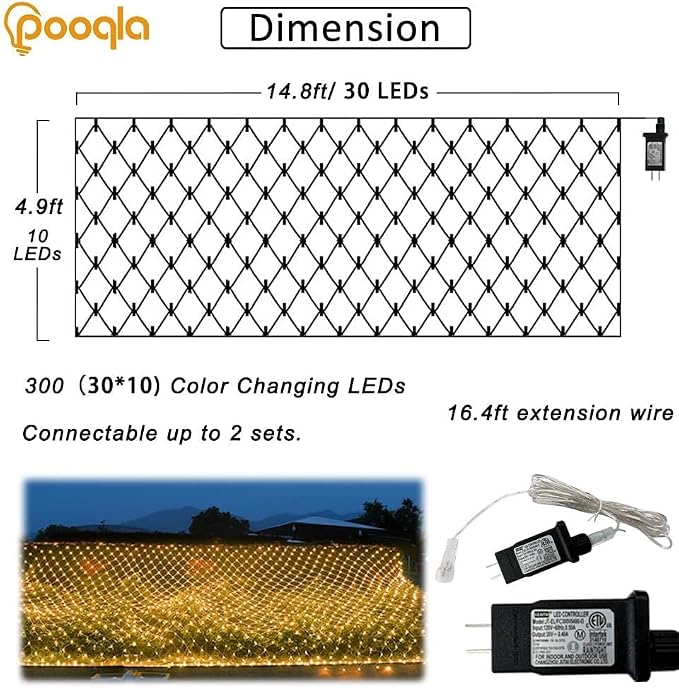 Warm White Net Lights, 15x 5ft Christmas Lights Outdoor Clear Wire | 300 LED Large Net Mesh Lights Plug in, 8 Modes Waterproof Connectable Bushes Lights for Christmas Hedge Yard Decor