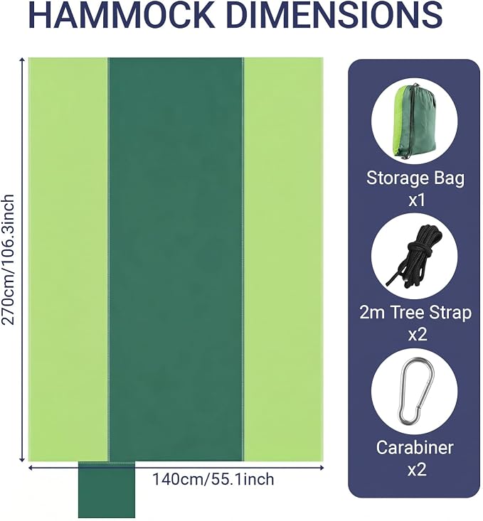 Camping Hammocks, Portable Lightweight Parachute with Tree Straps, Single or Double Hammock Without Stand, Nylon Camping Gear for Outdoor Beach Backpacking Hiking, Camping Essentials(Green)