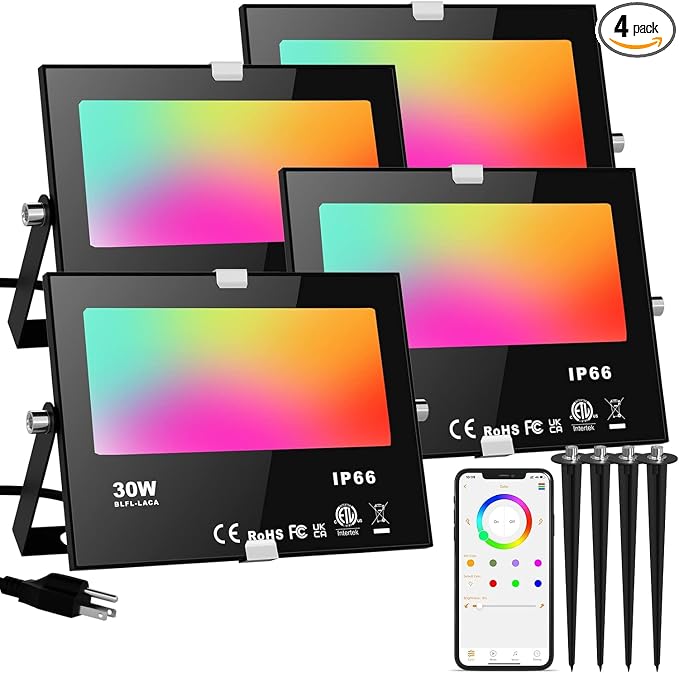 LED Flood Lights RGB Color Changing 300W Equivalent Outdoor, 30W Bluetooth Smart RGB Floodlight APP Control, 2700K&16 Million Colors for Garden Stage Lighting 4 Pack with Metal Ground Spikes Stakes