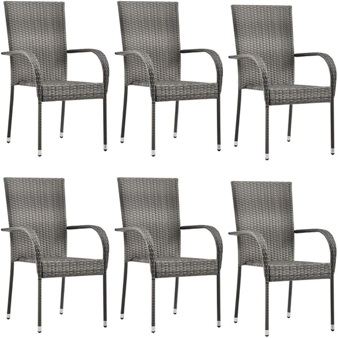 BOWERY HILL 7-Piece Patio Dining Set, Solid Acacia Wood Table & Poly Rattan Chairs, Powder-Coated Steel Frame, Gray Finish, Weather-Resistant, Stackable Chairs, Modern Style for Garden, Terrace, or