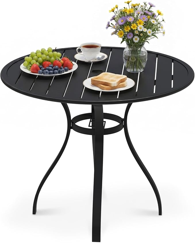 36" Outdoor Bistro Table, Round Metal Patio Table with Umbrella Hole, Rust-Resistant Steel Slat Top Coffee Table for Garden, Balcony, Deck and Backyard, Black