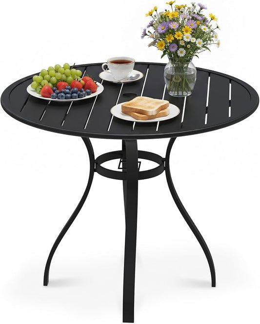 36" Outdoor Bistro Table, Round Metal Patio Table with Umbrella Hole, Rust-Resistant Steel Slat Top Coffee Table for Garden, Balcony, Deck and Backyard, Black