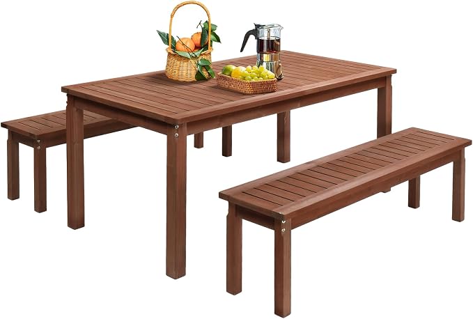 VINGLI 3-Piece Outdoor Dining Set, 69" Rectangular Wood Patio Table with 2 Benches, All-Weather Brown Fir Patio Furniture Set for Garden, Backyard, Lawn, Deck