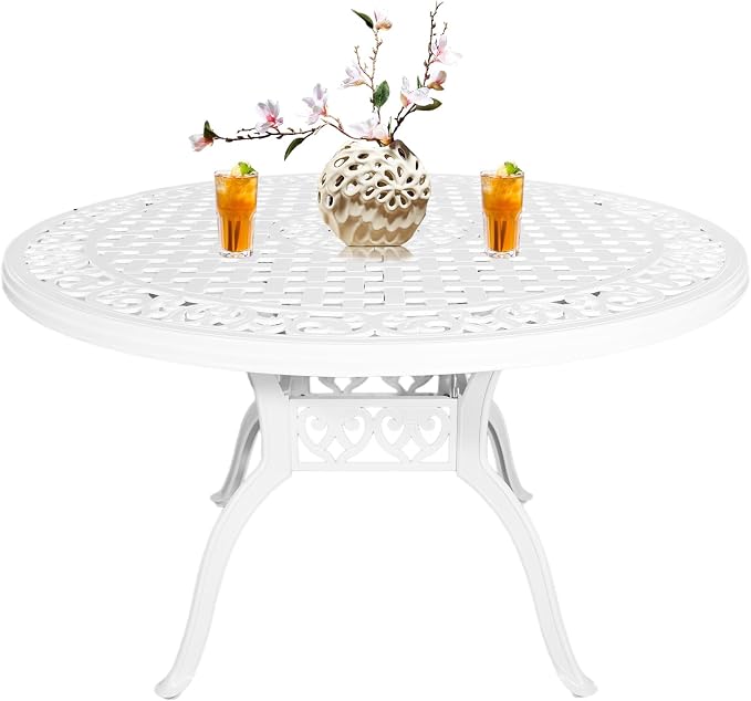 Outdoor Dining Table for 4-6 Person, 48.23" Cast Aluminum Patio Table with 2.36" Umbrella Hole, Outdoor Bistro Table for Backyard, Garden, Patio