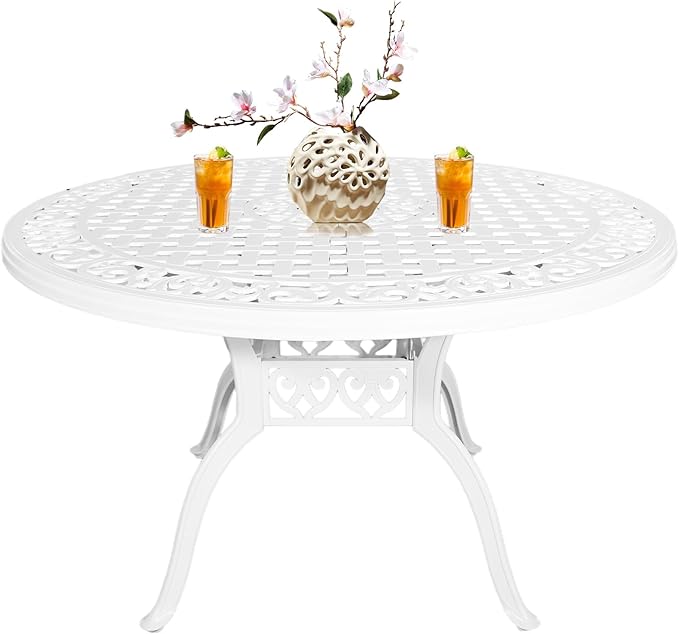 Patio Dinning Set Weather Resistant Cast Aluminum Patio Furniture Set with Umbrella Hole, Bistro Dining Set for Garden (48" x 48" Table B and 4 Chairs White, 5 Pieces)