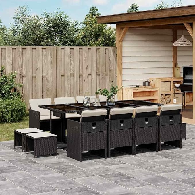 Large Rectangular Garden Dining Set for 12, Black PE Rattan and Tempered Glass, Foldable Chairs and Stackable Stools for Patio Balcony Backyard