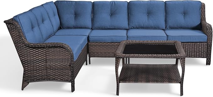 Belord Patio Furniture Set 6 Seats, Oversized Outdoor Sectional Couch, Two 3-Seater Sofas with Coffee Table, Patio Conversation Sets,Ideal for Porch, Deck, Brown Wicker/Blue