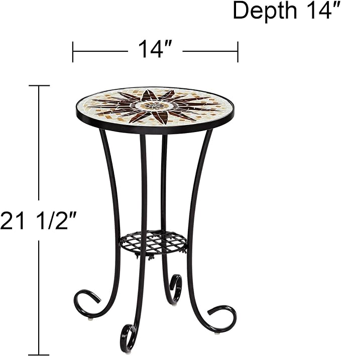 Teal Island Designs Sunburst Rustic Black Metal Round Outdoor Accent Side Tables 14" Wide Set of 2 Brown Mosaic Tile Tabletop Gracefully Curved Legs for Spaces Porch Patio Home House Balcony Deck