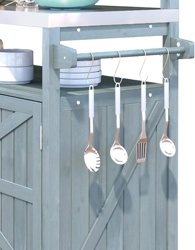 RUNNA Outdoor Kitchen Island with Raised Shelf,Solid Wood Storage Cabinet with Stainless Steel Top,Outdoor Rolling Grill Cart with Internal Storage Rack, Adjustable Shelf,Spice Rack (Grey+Blue#028)