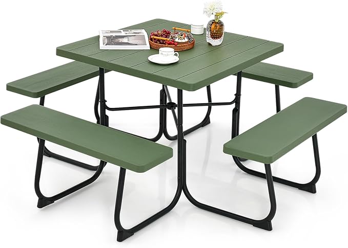 Tangkula 8 Person Picnic Table, Outdoor Square Picnic Table with 4 Built-in Benches, Umbrella Hole, Metal Frame & HDPE Tabletop, Outside Table and Bench Set for Backyard, 2300lbs Weight Capacity