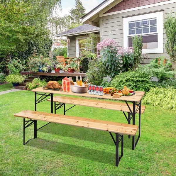 5.8FT Outdoor Dining Table and Bench Set, Set of 3, Portable Folding Picnic Tables and Chair, 3-Piece Patio Dining Set, Wood Outdoor 3-Piece Patio Counter Table Set with 2 Benches