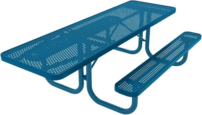COATEDOUTDOORFURNITURE Heavy-Duty Portable ADA-Compliant Outdoor Picnic Table, Punched Steel Patio Furniture Made in America (8ft Rectangular, One-Side Handicap, Light Blue with Light Blue Frames)
