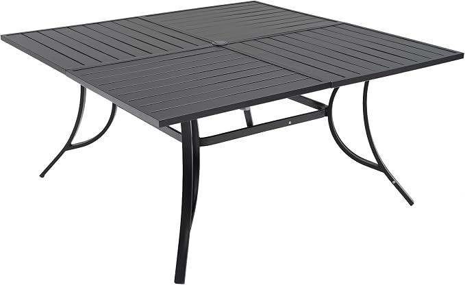 59" 8 Person Large Square Outdoor Patio Table with All Weather Metal Frame | 59 in Square Table, Slat Table Top, Black, Metal Top and Frame, 1.57"-1.9" Adjustable Umbrella Hole, 8 Person, All Weather