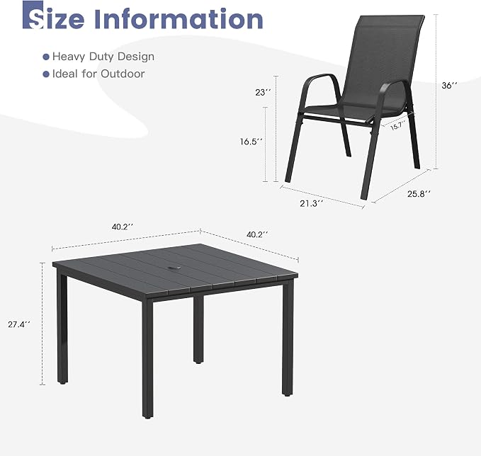 VICLLAX Square Outdoor Patio Dining Set, Metal Slatted Patio Table with Umbrella Hole and 4 Stackable Patio Chairs for Deck Lawn Garden, Black Fabric and Black Tabletop