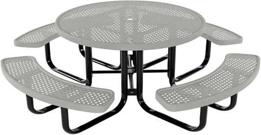 COATEDOUTDOORFURNITURE Heavy-Duty Portable Outdoor Kids Table with Umbrella Hole, Punched Steel Kids Picnic Table, Commercial-Grade, Made in America (46 in, Round, Childrens, Textured Grey)