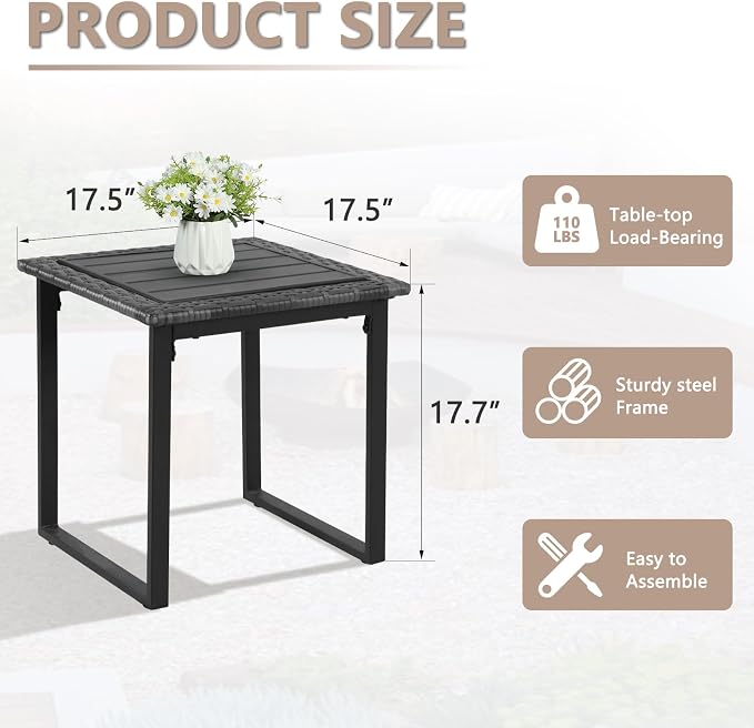 Wicker Outdoor Side Table for Patio, All Weather Small Square Rattan Outdoor End Table, Wicker Table for Outside Porch Balcony Lawn Garden Bistro, Black