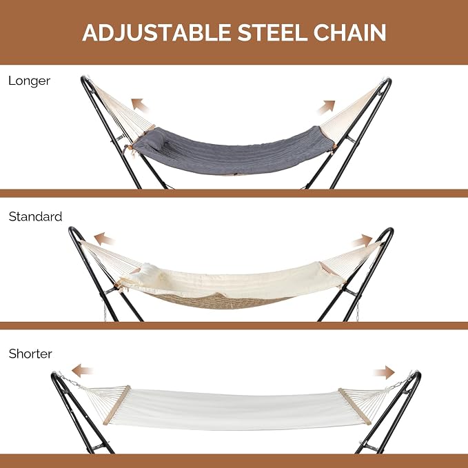 Hammock with Stand Set, Portable Double-Barrel Hammock with Hammock Bed, Heavy Duty Adjustable Hammock Set for Outdoors, Patio, Yard, Garden, 550 LBS (Beige)