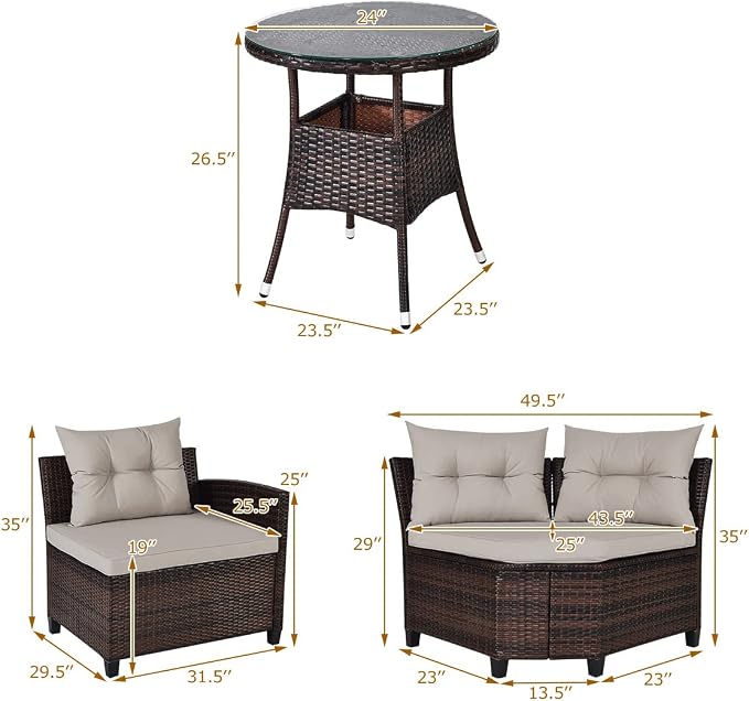 COSTWAY 4-Piece Patio Furniture Set, Wicker Rattan Sofa with Cushions and Coffee Table, Outdoor Sectional Conversation Sofa Set for Poolside Backyard Lawn Backyard (Grey)