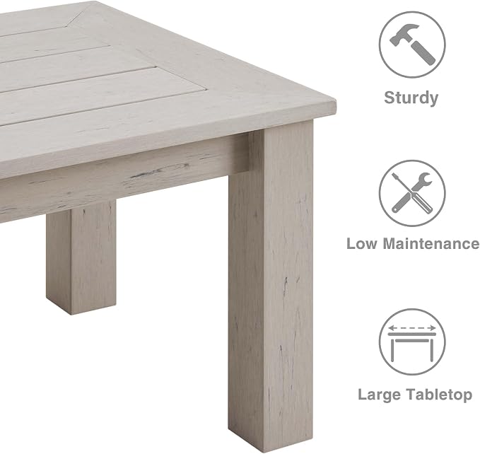 Psilvam Outdoor Coffee Table, 47.2" Poly Lumber Modern Rectangle Large Coffee Table, Weatherproof Patio Coffee Table Rotproof & Fadeproof, Patio Furniture for Porch, Balcony, Living Room (Grey)