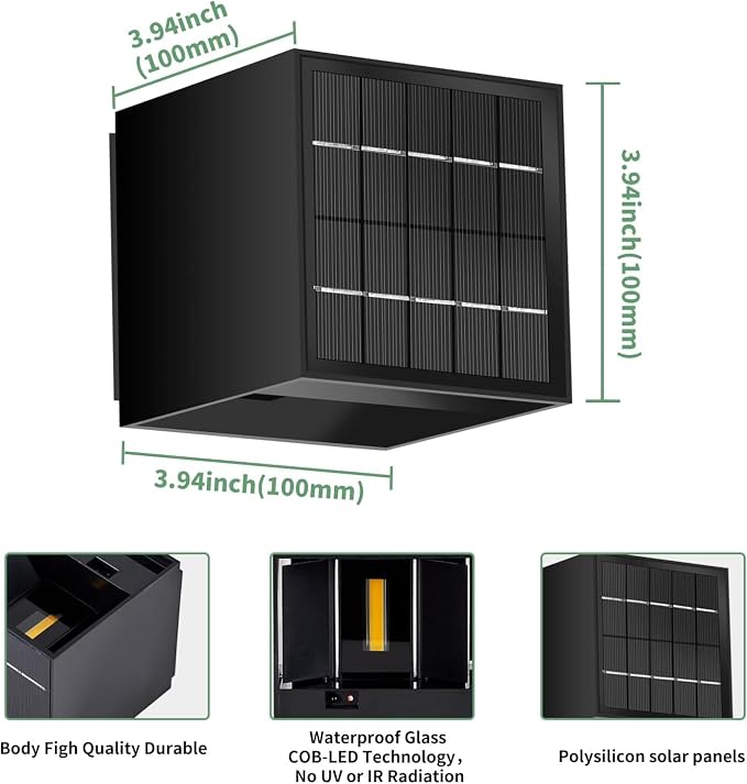 Solar Powered Motion Sensor Square Outdoor Wall Lights, Black Modern Up and Down Wall Lamps, IP65 Waterproof Warm White 3000K Wall Sconce Light Exterior for Fence Garden Outside