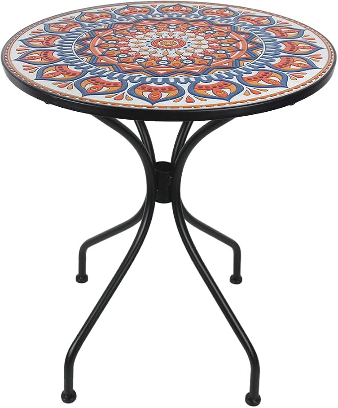 23.6" Outdoor Patio Mosaic Round Table Garden Bistro Accent Table | Ceramic Tile Waterptoof Side End Table Metal Frame Dining Table Furniture for Balcony Backyard Porch Poolside Terrace