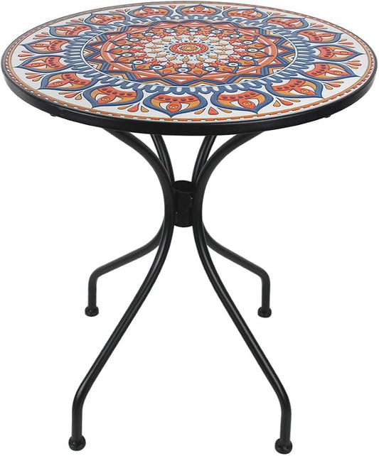 23.6" Outdoor Patio Mosaic Round Table Garden Bistro Accent Table | Ceramic Tile Waterptoof Side End Table Metal Frame Dining Table Furniture for Balcony Backyard Porch Poolside Terrace