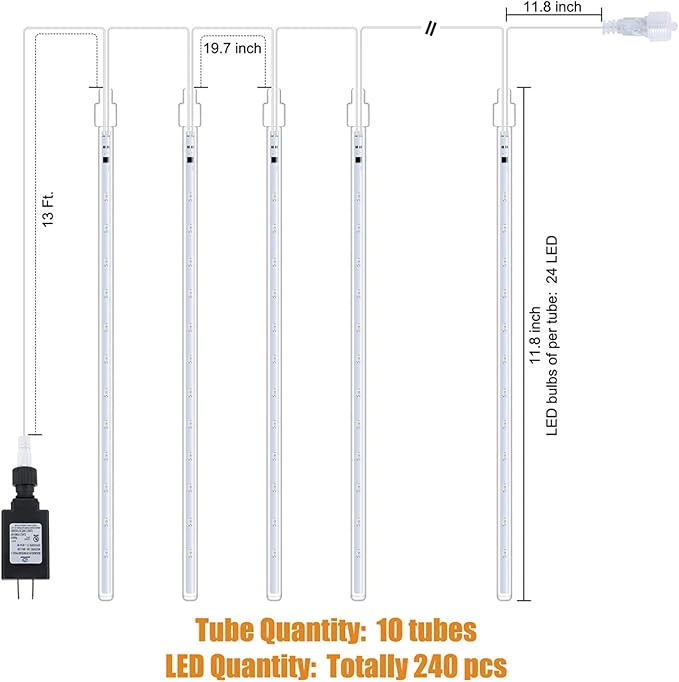 Meteor Shower Lights Outdoor, 2 Pack 11.8 Inches 10 Tubes 240 LED Snowfall Lights, Waterproof Meteor Christmas Light, Hanging Falling Rain Light for Tree Bushes Holiday Party Decoration, White