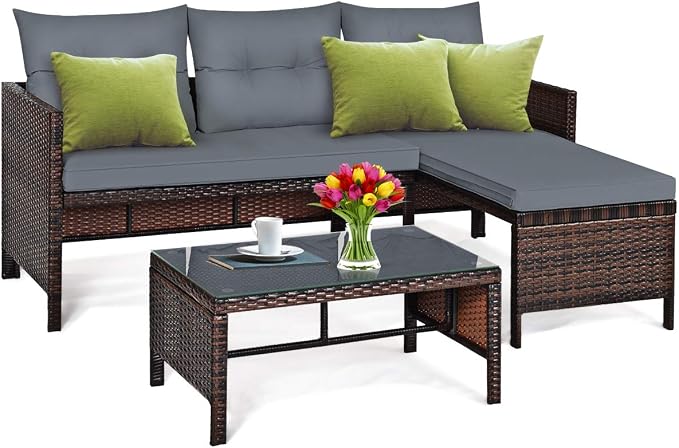 DORTALA Wicker Patio Furniture Set Couch 3 Piece, L-Shaped PE Rattan Outdoor Sectional Sofa Conversation Set with Loveseat, Lounge and Tempered Glass Coffee Table for Garden Lawn Deck, Grey