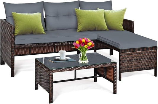 DORTALA Wicker Patio Furniture Set Couch 3 Piece, L-Shaped PE Rattan Outdoor Sectional Sofa Conversation Set with Loveseat, Lounge and Tempered Glass Coffee Table for Garden Lawn Deck, Grey