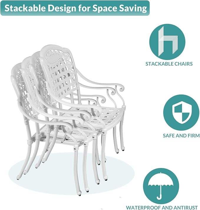 MEETWARM 7-Piece Outdoor Patio Dining Set, 6 Outdoor Dining Chairs and 1 Rectangle Table with 2" Umbrella Hole, All Weather Cast Aluminum Patio Funiture Set for Backyard, Patio(White)