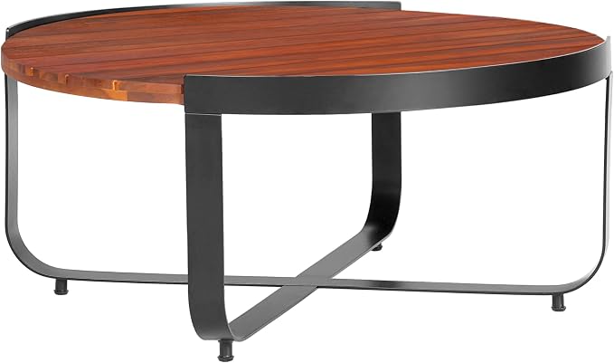Merax Outdoor Coffee Table 31.5" Round Acacia Wood Tabletop with Metal Frame for Patio, Garden & Poolside, Modern Industrial Style