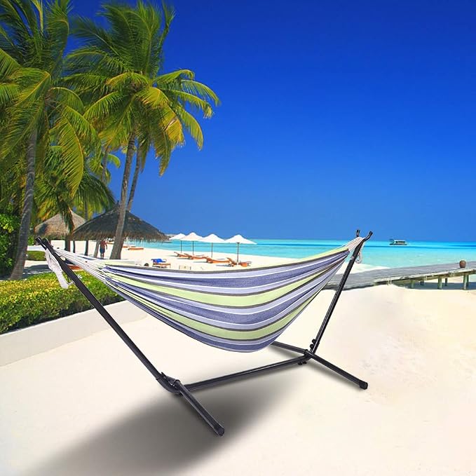 Portable Outdoor Polyester Hammock Set,Single or Double Travel Swing Hammocks,Heavy Duty Steel Hammock Stand,Lightweight Camping Hammocks Set,with Carry Bag,for Patio Porch Beach Backyard (Green)